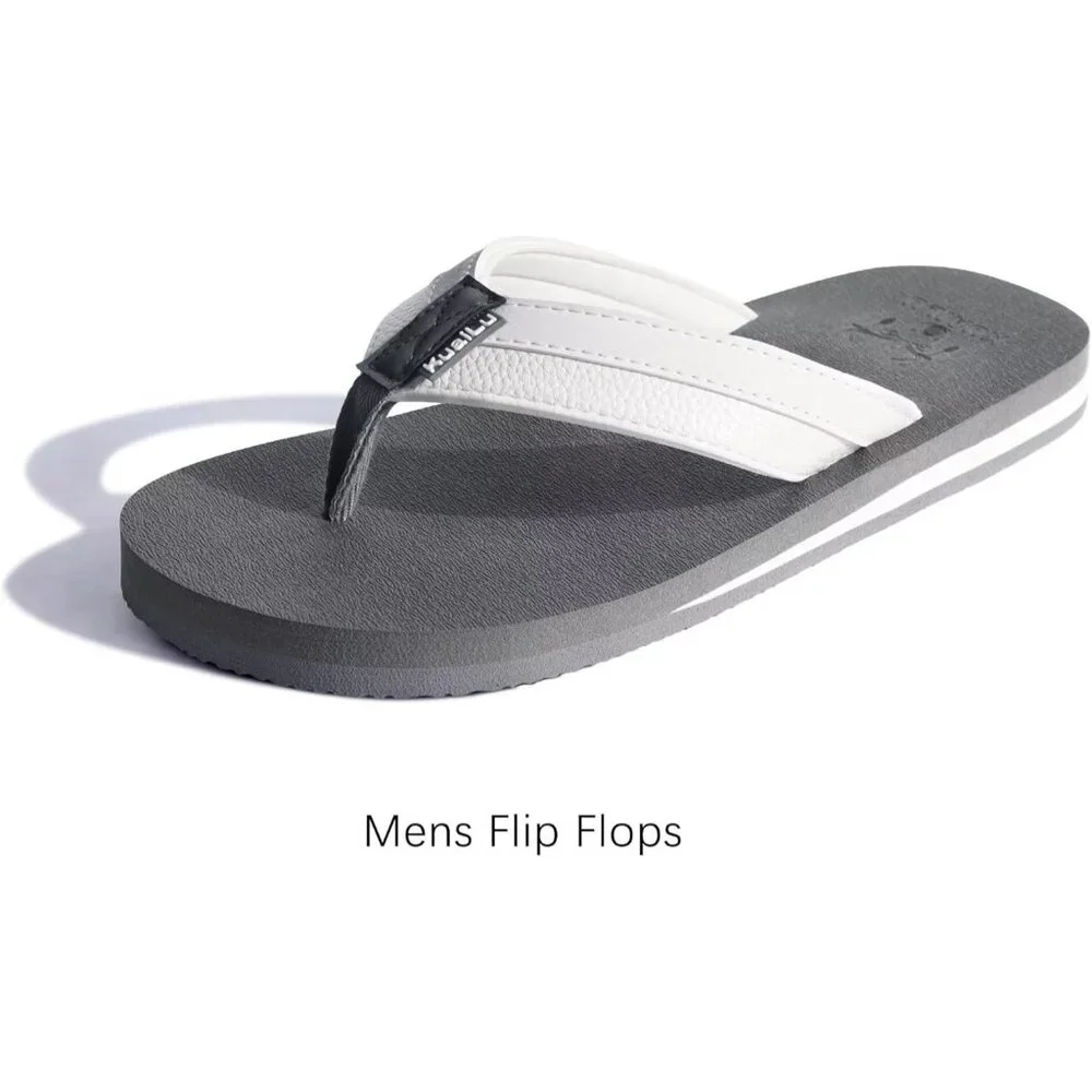 👉 Men's Flip Flop Sandal White Gray Leather Slip On Arch Support Comfort Shoes